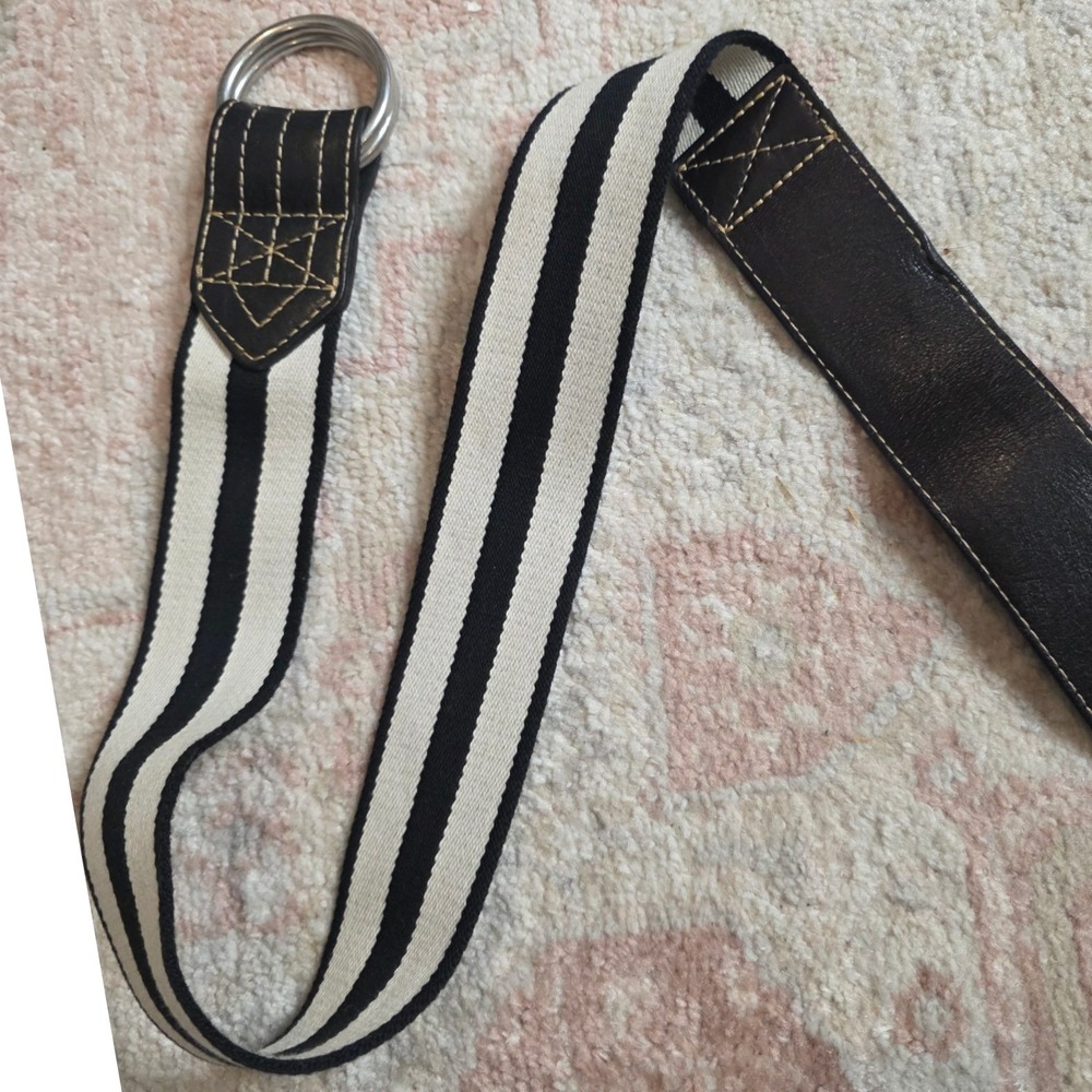 Rugby Ralph Lauren Striped Canvas D-Ring Belt Leather Trim Navy Preppy Small